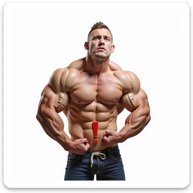 realistic muscular bodybuilder with defined muscles and worried face, red exclamation mark symbol near pelvic area, Italian caption 'Assenza di libido', isolated on white background sticker