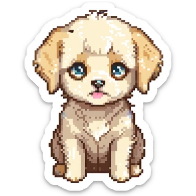 pixel art emoji of cream baby Maltipoo puppy, chibi, big eyes, fluffy, sitting, soft pastel palette, simplified but detailed, 64x64 sticker