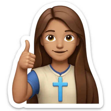 person with long brown hair holding a cross in one hand and giving a thumbs up with the other, clean modern emoji style sticker