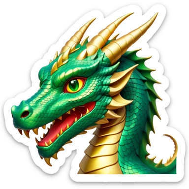 Cinematic Noble Dragon Portrait Emoji, Poised and majestic, with a sinuous, elongated build and shimmering, scale-covered skin in hues of emerald and gold, piercing, fiery eyes, Simplified yet sharp and sophisticated features, highly detailed, glowing with a mystical, radiant glow, high shine, intelligent and formidable, stylized with an air of ancient power, focused and attentive, soft glowing outline, capturing the essence of a watchful and legendary dragon that feels as though it could soar out of the screen with effortless authority! sticker