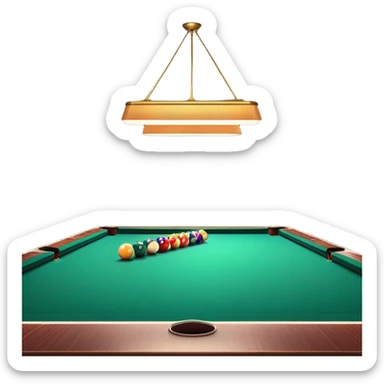 A well-arranged pool table with colorful billiard balls neatly placed, and a cue stick poised to take a shot. The setting is a dimly lit room with a focused atmosphere, highlighting the precision and strategy involved in the game of billiards. sticker