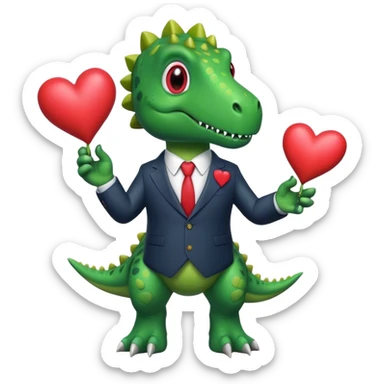 dinosaur in a suit holding hearts sticker