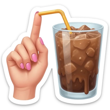 chocolat froid dans un grand verre avec une paille tenue par le bout d'une jolie main de femme avec une belle manucure Style Pinterest réaliste Avec une bordure blanche rendu ultra réaliste sticker