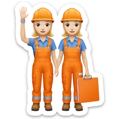 waving woman in orange hi vis overalls and boots holding a clipboard sticker