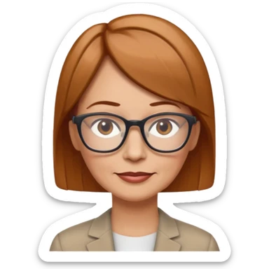 woman 50 years old, light chestnut hair, very short straight hair, wearing glasses, less serious expression, more joyful sticker