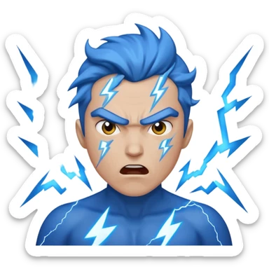 Rayos, centellas y estrellas en una cara color azul con expresiones de furia sticker