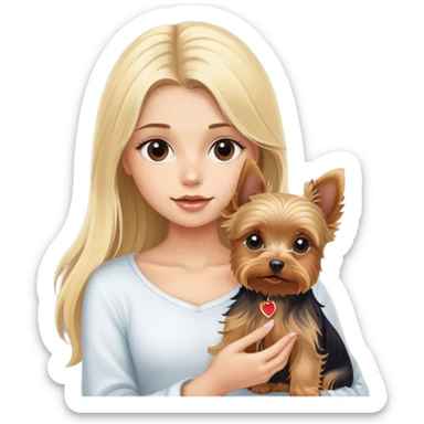 a blonde girl with a yorkie puppy with long hair sticker