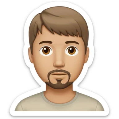  white male, short medium brown colored hair with bangs and goatee,  sticker