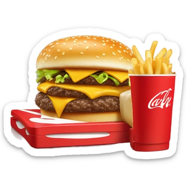 2 cheeseburgers fries and a coke on a red tablet mc donalds sticker