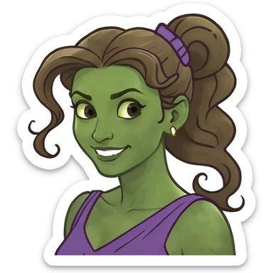 Disney-style woman from Greek mythology, long brown hair in a voluminous high ponytail, a curl on her forehead, wearing a purple Grecian dress, smirking playfully. sticker