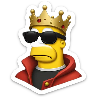 Half body portrait of homer simpson wearing a red jacket, black sunglasses and a crown and sitting in a huge thorn sticker
