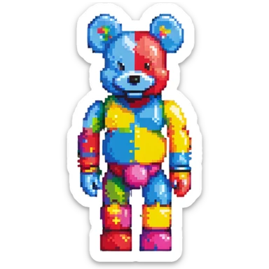 Pixel art KAWS Bearbrick figure with a happy smiling face, bright colors, and blocky bear shape sticker