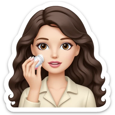 A white Barbie girl with long dark brown wavy hair in cream clothes smears by hand cosmetic cream on her face sticker