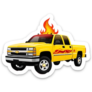 Yellow 1997 Chevrolet C-2500 Crew Cab Silverado with accurate red flame decal printed on the hood, exactly as seen in Kill Bill movie, 30-degree view showing detailed flame graphics, iOS emoji style sticker