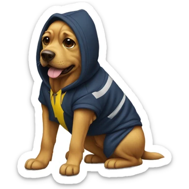 Dog wearing a Michigan hoodie sticker