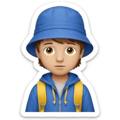 Little student, brown hair boy, wears blue bucket hat and jacket, yellow backpack, shy sticker
