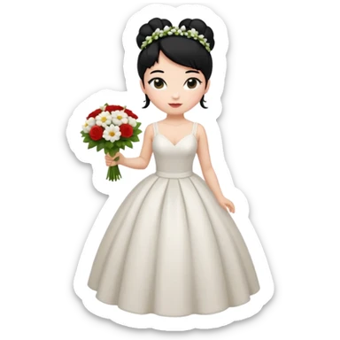 Chica blanca,cuerpo entero, vestido boda tirantes , pelo negro,   1 ramo de flores , pelo recogido en moño alto sticker
