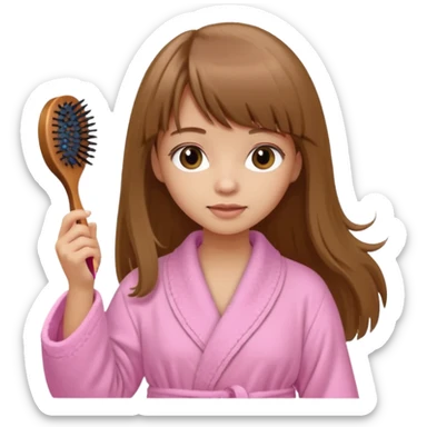 a girl with light skin and medium brown long hair with bangs who is brushing her hair with a hairbrush and she is wearing a light pink bathrobe sticker