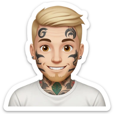 white man with bold face tattoo, happy face, wearing a white t-shirt sticker