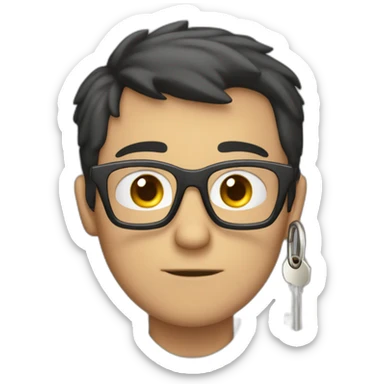 dark-short-haired man with glasses, struggling to fit a key into a lock sticker