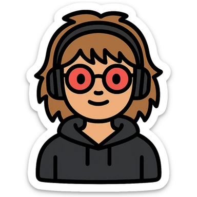 tan brunette girl with a short wolf haircut, round ruby glasses, black headphones, and a black hoodie sticker