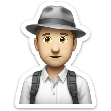 tim robinson wearing a grey fedora white shirt only looking scared and sad facing left - fabric attached to back of hat covering neck sticker