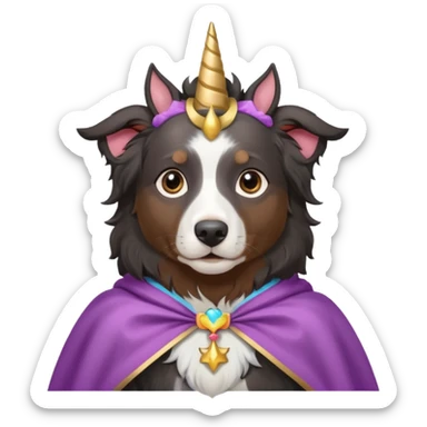 A daar autralian sheperd with a unicorn horn and a cape sticker