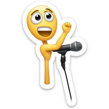 person with one arm extended, beneath a microphone sticker