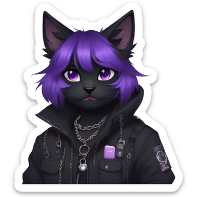 Gorgeous furry gothic dark techwear anime style anthro black cat furry sona Fakemon with blushing face aesthetic and pretty edgy black with violet collar and harness trending style chains cargo pants tomboy sticker
