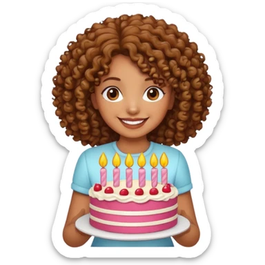 Brown Curly haired girl with a cake sticker