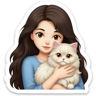 pretty girl with DARK long hair hugging her light hair fluffy persian cat  sticker