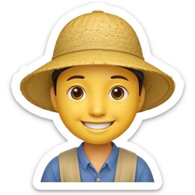 Yellow emoji smiley face with stereotypical Chinese facial features and rice farmer hat sticker