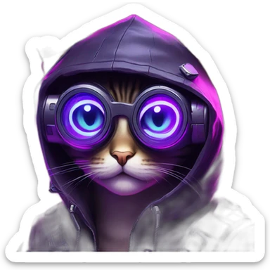 Russian cat wearing a black hoodie with "OMG" letters on it and VR headset in a cyberpunk VR environment with violet neon lighting. sticker