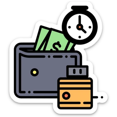 black wallet with dollars visible inside and a small clock in top right corner positioned over the wallet sticker