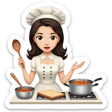 Beautiful woman in 1950’s woman fashion look, white dress, long dark brown hair, cooking sticker