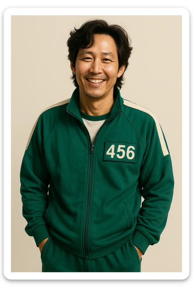Player 456, Seong Gi-hun from Squid Game 3, in the green player team uniform, smiling, hands in pockets, minimal background sticker
