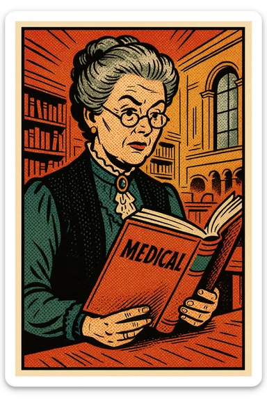 A wealthy victorian women in her 50s reading a medical text book in a university sticker