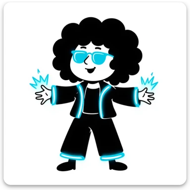 Cabbage Patch Kid dressed as Tron character with neon accessories, 80's retro sci-fi style sticker