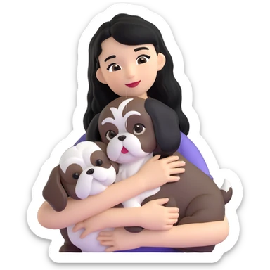 A girl with black hair hugging a Shih Tzu dog sticker