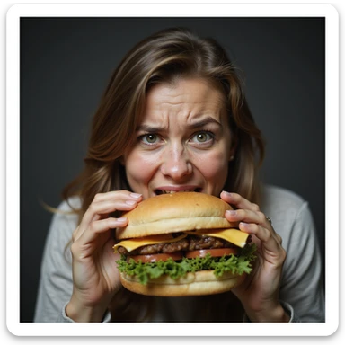 hyperrealistic image of a woman with a stressed look eating a very large sandwich quickly, uncontrollable hunger, white background, variation 4 sticker