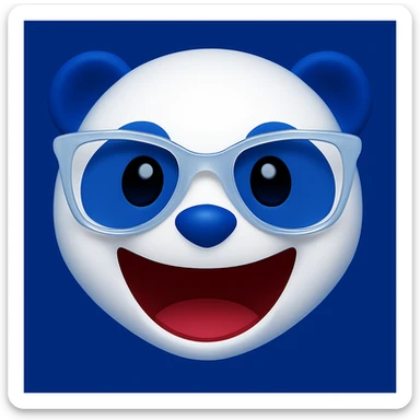 Add a solid blue background with color #002FA7 behind the panda, keeping the subtle blue glow. Maintain the playful 3D emoji look with white and #002FA7 blue coloring. The panda should have translucent white designer glasses and a big open-mouthed smile. The style should resemble a playful 3D emoji. sticker