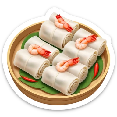 Shrimp rice noodle roll Har Cheung Fun with visible shrimp inside, simplified emoji style with bold outlines and bright colors, cartoon style Cantonese dim sum specialty sticker