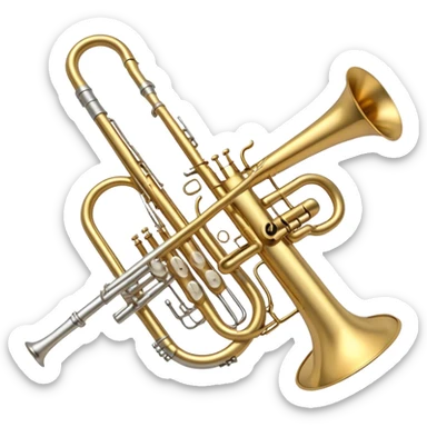 Create a simple and symbolic emoji collage representing wind instruments. Include a variety of iconic elements like the bell of a trumpet, the mouthpiece of a saxophone, and a subtle outline of a trombone. Arrange the elements in a dynamic and balanced way. Use warm metallic tones like gold, brass, and silver for the instruments, with a clean and minimalist design. The background should be transparent, focusing on the shapes and silhouettes of the instruments to convey their essence without excessive detail. sticker