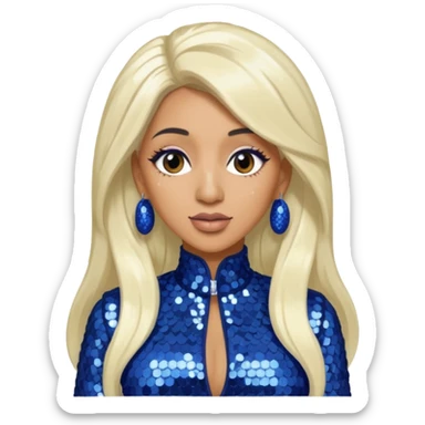 Cardi B with tan skin, long white blonde hair, indigo sequin outfit sticker