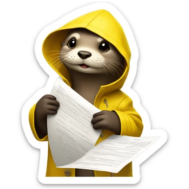 Otter in a yellow raincoat holding a letter￼ sticker