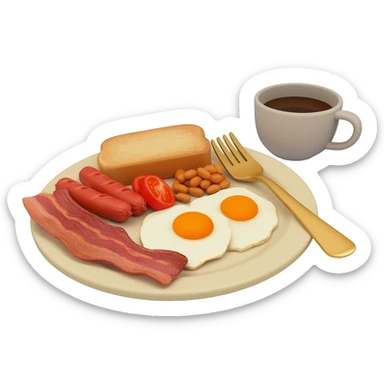 English breakfast full English breakfast with two eggs, bacon, sausage, beans, toast, and tomato оn a beautiful light beige plate with a gold fork and cup of coffee side view sticker