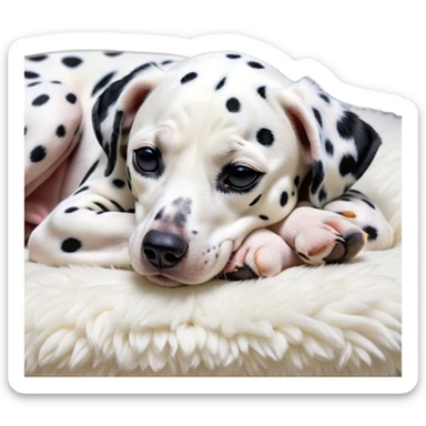 Meme-Worthy Cute Sleeping Spotted Dalmatian Portrait Emoji, Head resting peacefully with a contented smile, showcasing a delightfully majestic build and a luxuriously soft Fur of predominantly white with bold black patches, eyes shut in a serene nap, Simplified yet hilariously adorable features, highly detailed, glowing with a soft, drowsy light, high shine, relaxed and utterly lovable, stylized with an air of playful laziness, bright and heartwarming, soft glowing outline, capturing the essence of a comically sleepy guardian, so meme-worthy it feels like it could instantly become the next viral sensation of adorable slumber! sticker