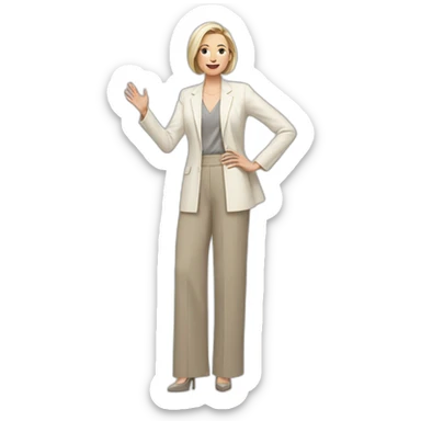 Full height Actively gesturing with hands pale skin woman with ash blonde Straightened bob Hair, White Spacious classical jacket, beige palazzo Arrow pants and gray blouse sticker