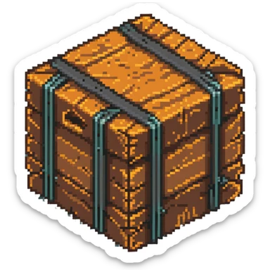wooden crate with metal reinforcements, orange-brown wood with visible grain texture and dark gray metal bands, 32x32 pixel art game tile that looks breakable sticker