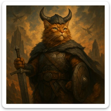 epic ginger cat Viking, Valhalla, heroic pose, Norse mythology atmosphere, fantasy style sticker